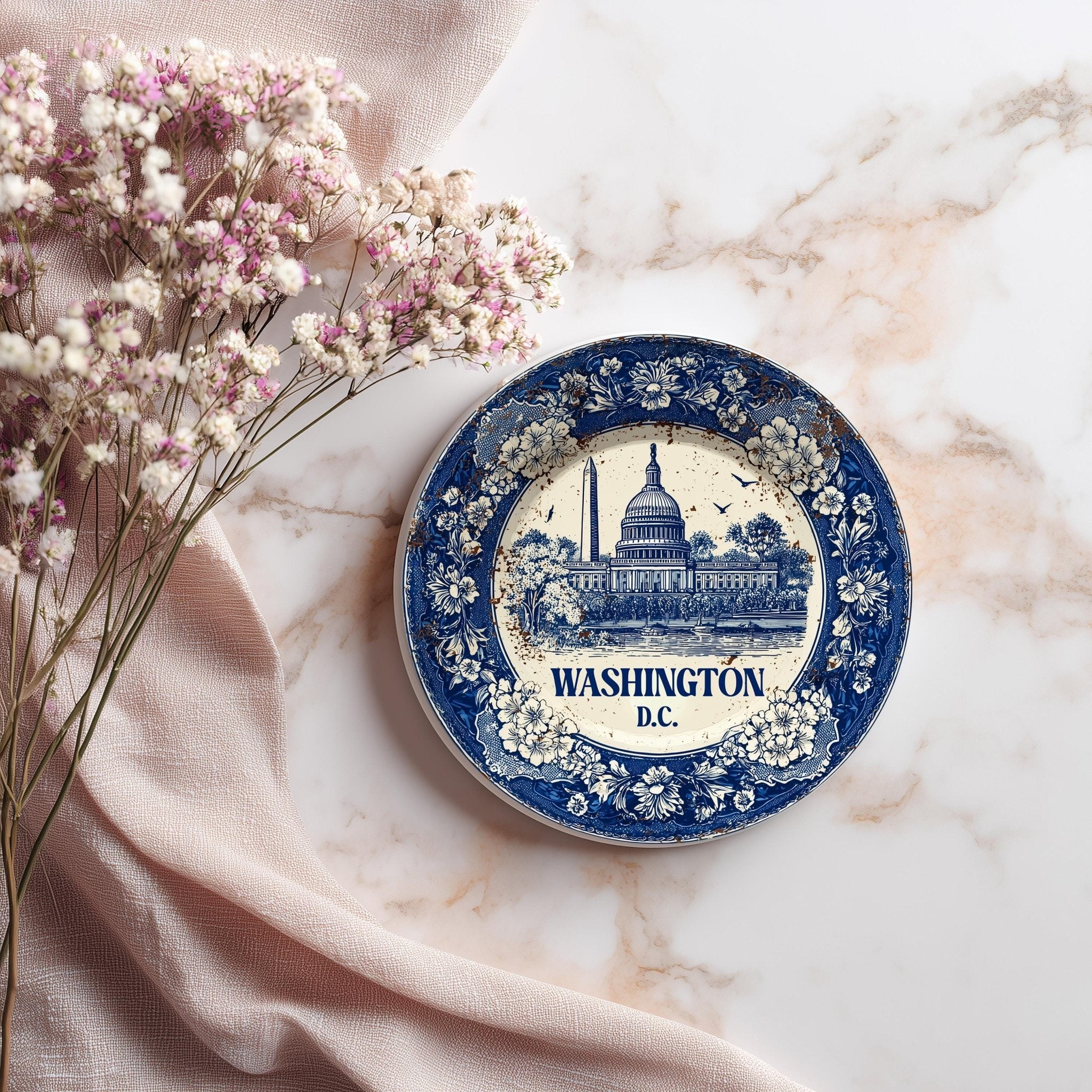 Washington DC Delftware Ceramic Coaster, Blue White Travel Gift, Vintage Home Decor Collectible - CuteBeePix