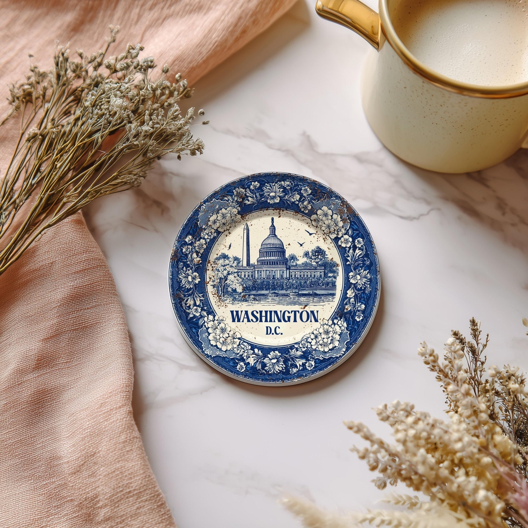 Washington DC Delftware Ceramic Coaster, Blue White Travel Gift, Vintage Home Decor Collectible - CuteBeePix