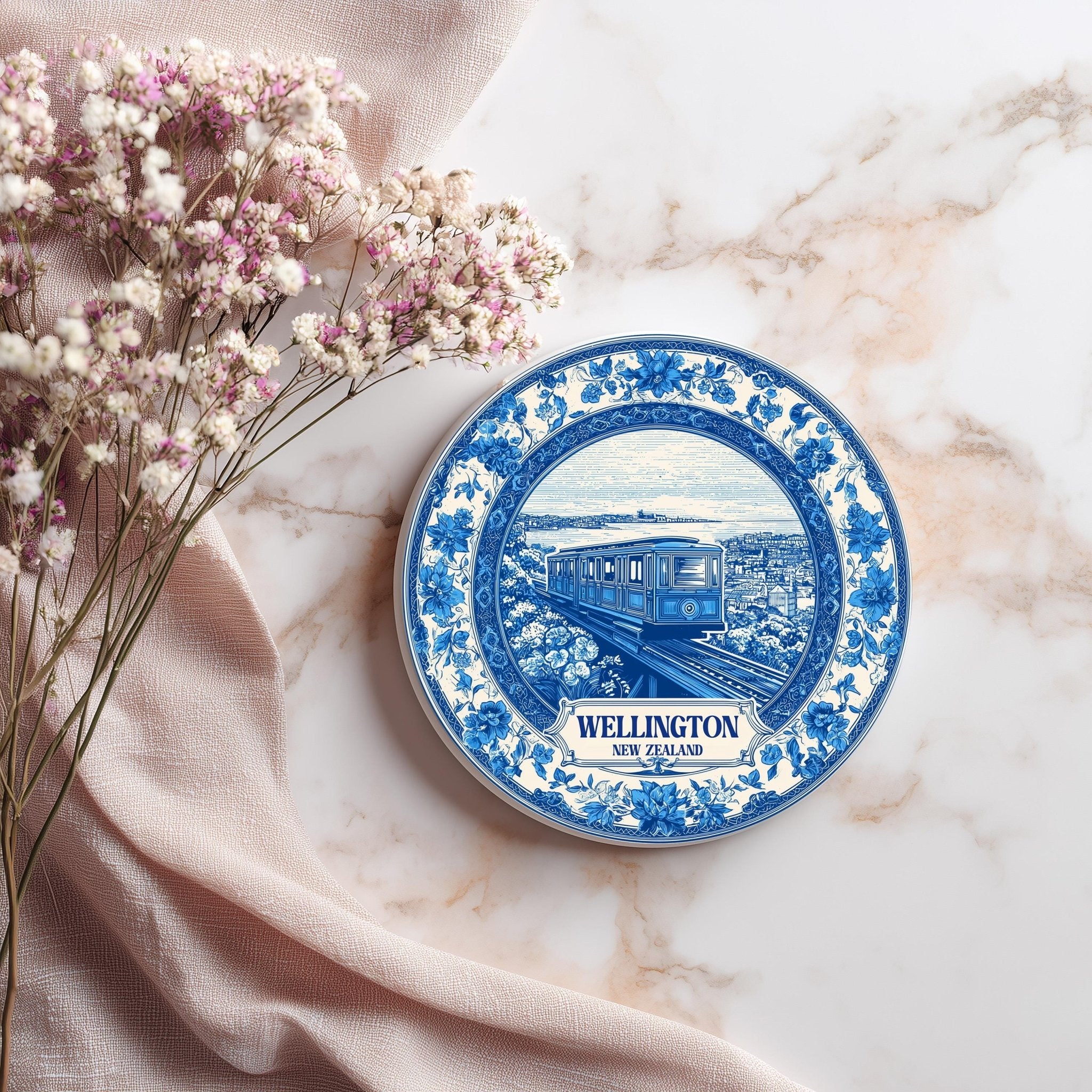 Wellington New Zealand Delftware Ceramic Coaster, Blue White Travel Gift, Vintage Home Decor Collectible - CuteBeePix