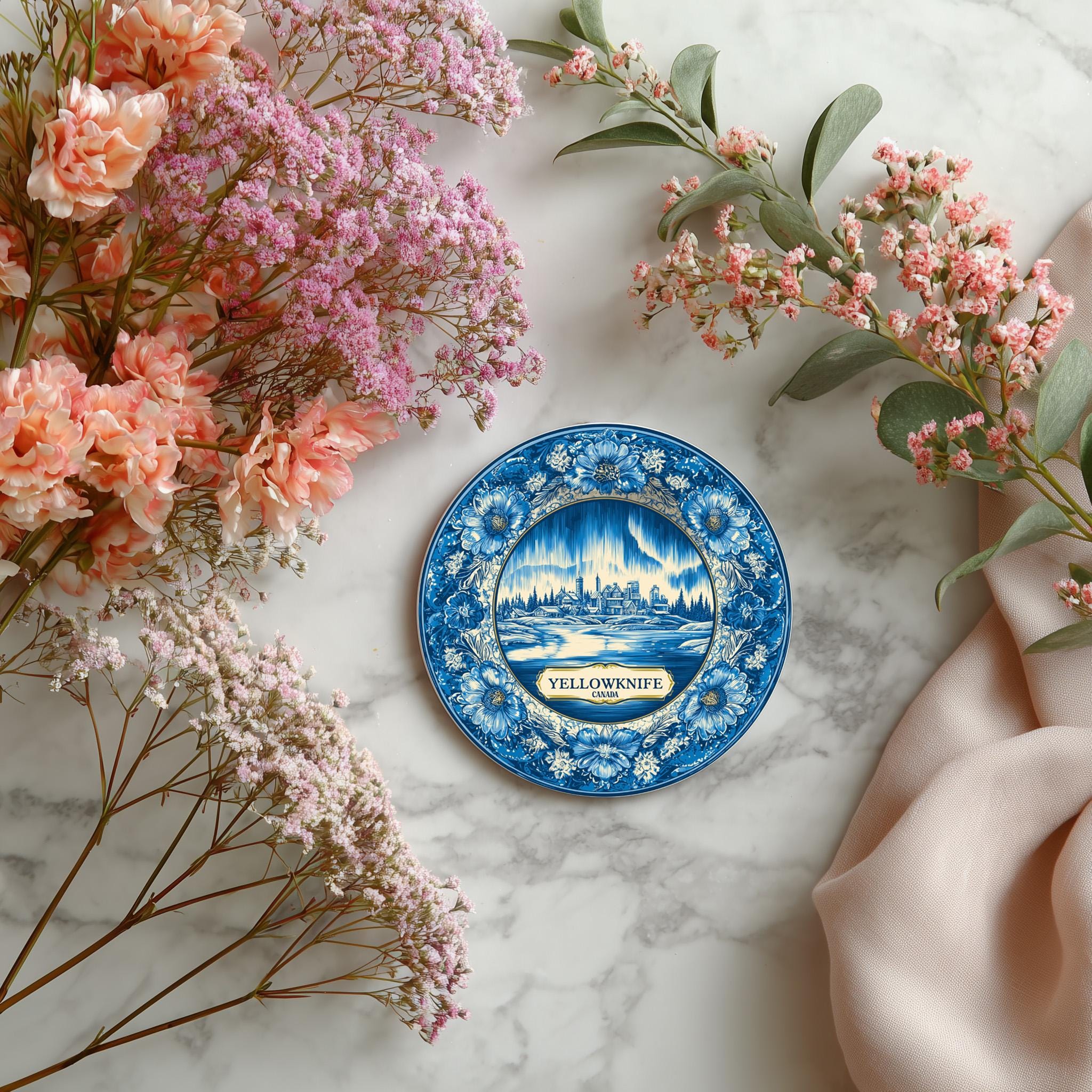 Yellowknife Canada Delftware Ceramic Coaster, Blue White Travel Gift, Vintage Home Decor Collectible - CuteBeePix