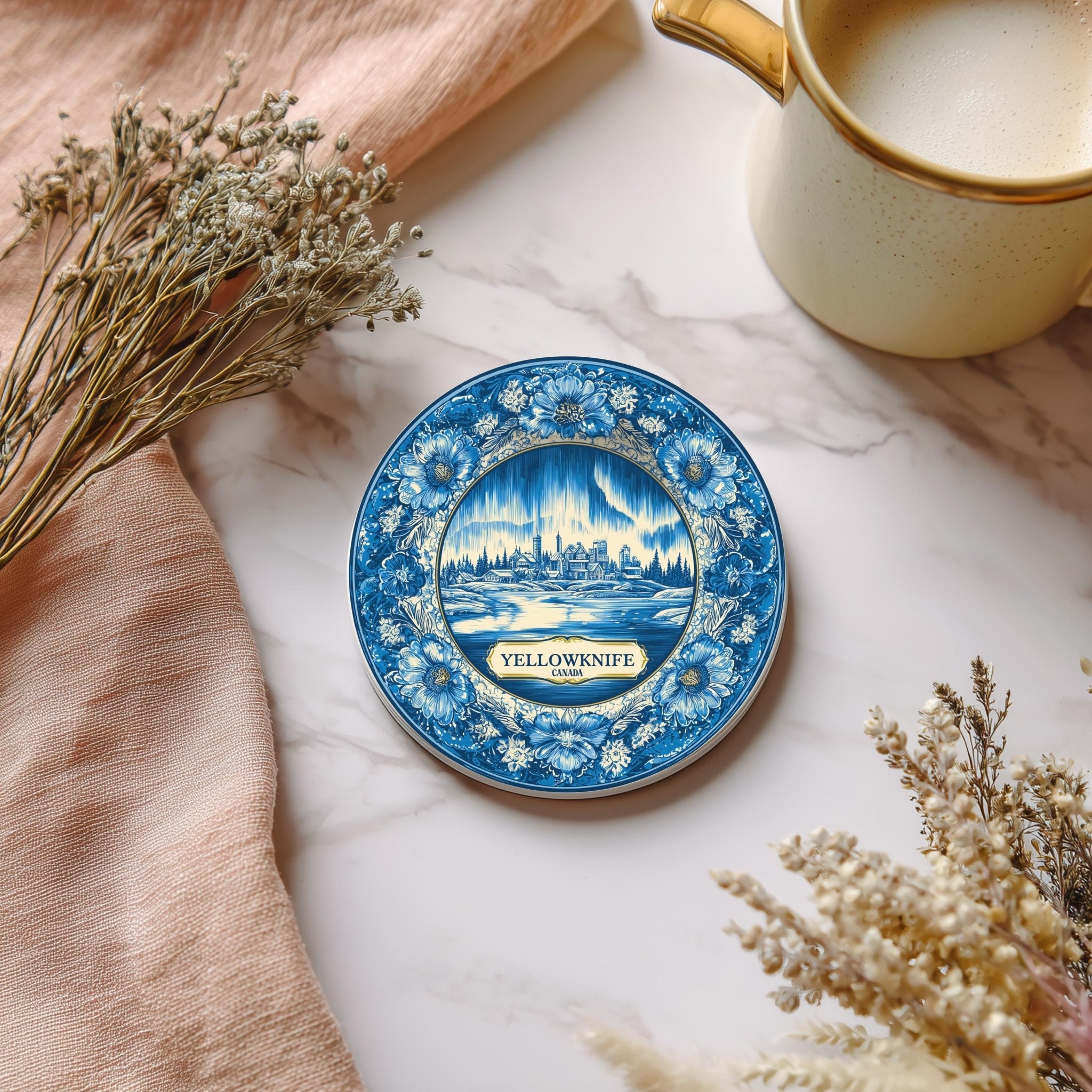 Yellowknife Canada Delftware Ceramic Coaster, Blue White Travel Gift, Vintage Home Decor Collectible - CuteBeePix