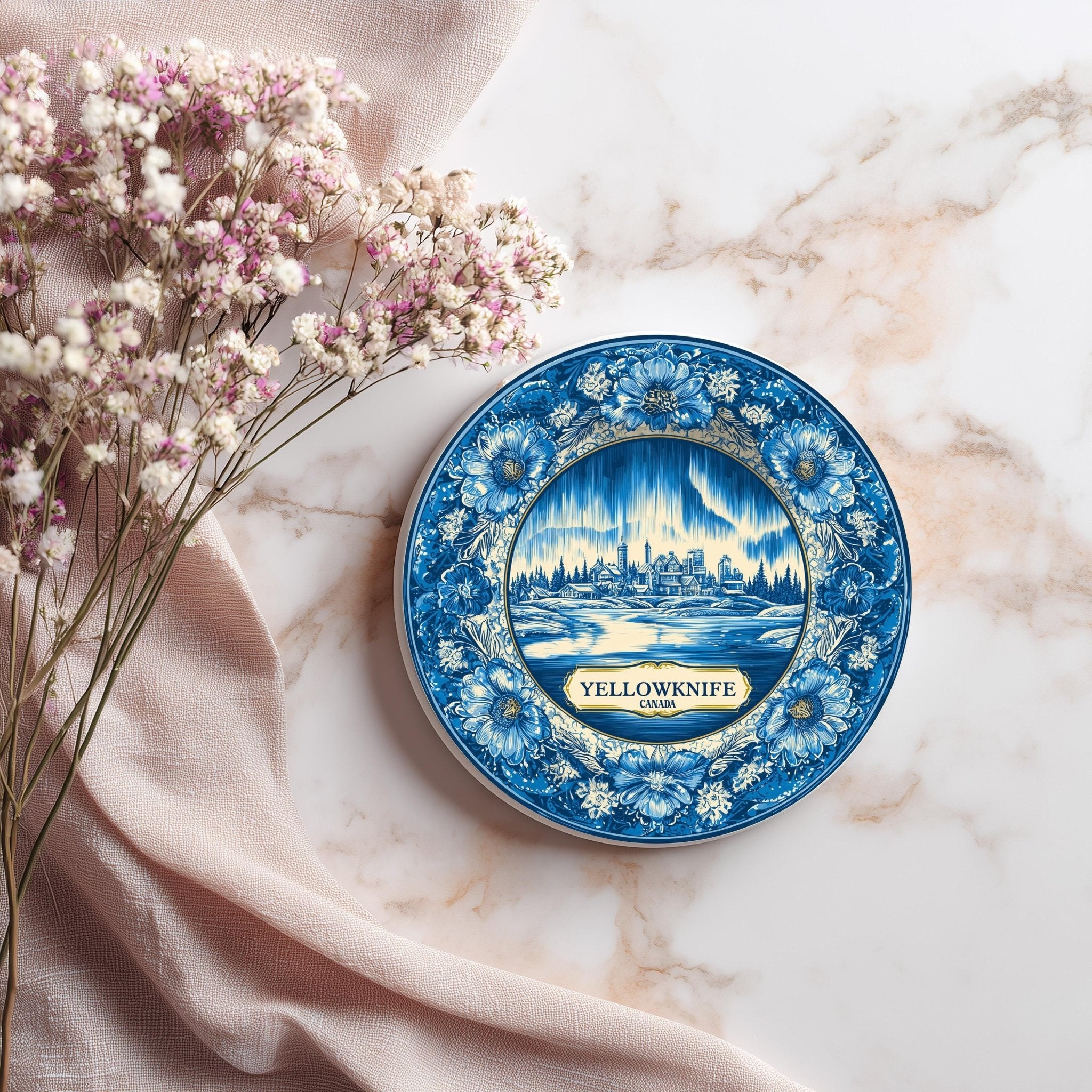Yellowknife Canada Delftware Ceramic Coaster, Blue White Travel Gift, Vintage Home Decor Collectible - CuteBeePix