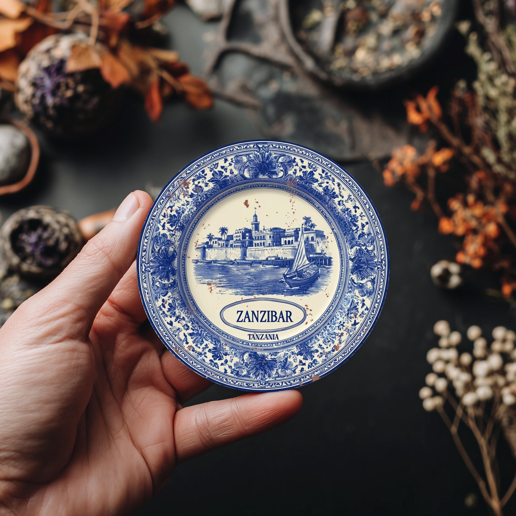 Zanzibar Tanzania Delftware Ceramic Coaster, Blue White Travel Gift, Vintage Home Decor Collectible - CuteBeePix