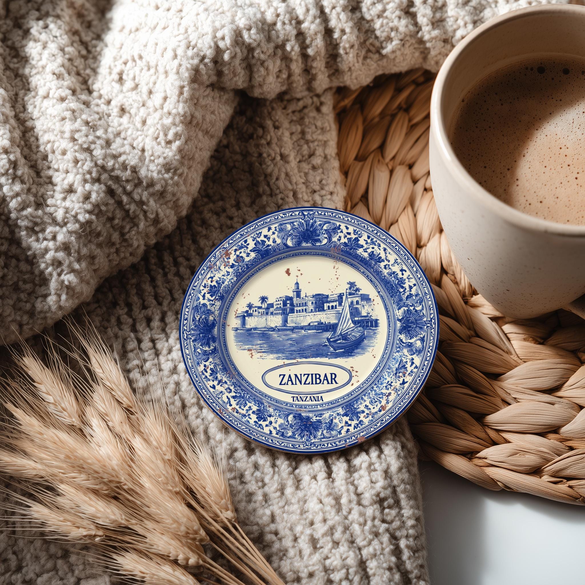 Zanzibar Tanzania Delftware Ceramic Coaster, Blue White Travel Gift, Vintage Home Decor Collectible - CuteBeePix
