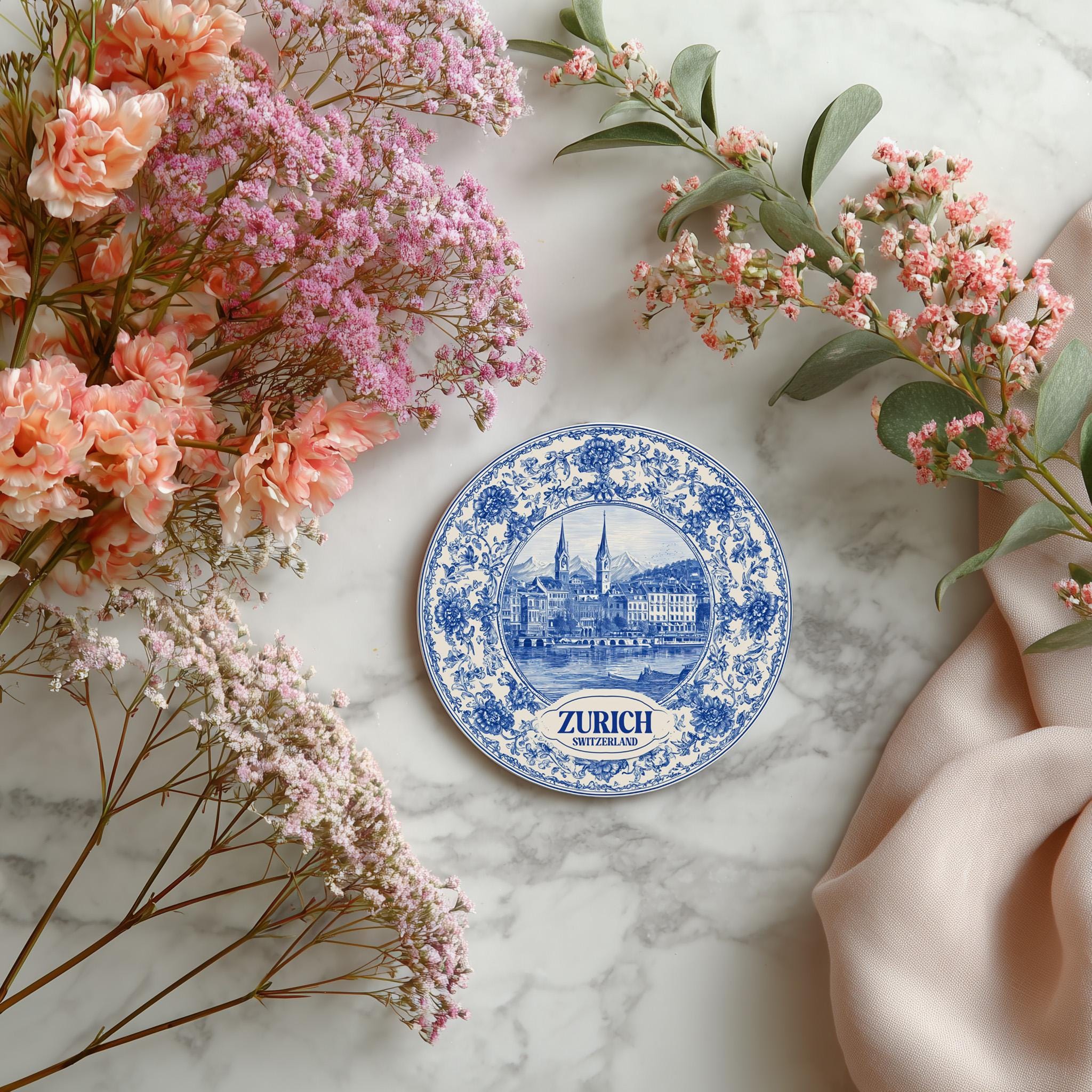 Zurich Switzerland Delftware Ceramic Coaster, Blue White Travel Gift, Vintage Home Decor Collectible - CuteBeePix