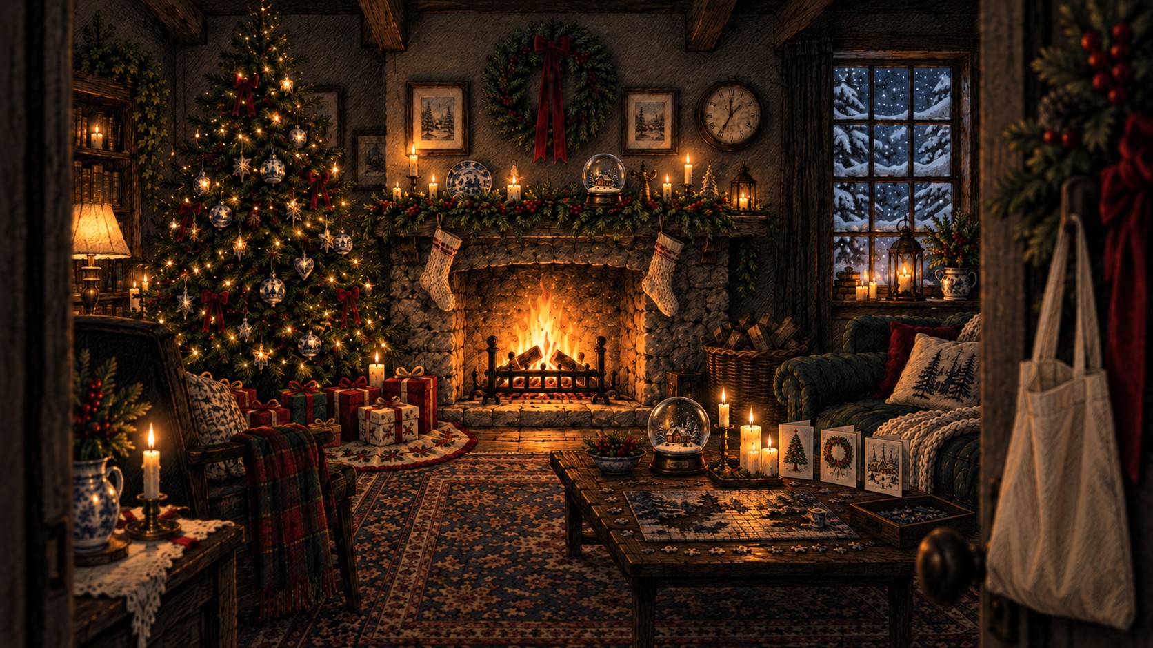 Through an open door, a living room drawn in ink on the night before Christmas: a tree full of lights and blue and white ornaments, a lit fireplace, plates and a snow globe on the mantel, prints and a clock on the wall, cards, a puzzle and a snow globe on the table, a tote on the door, a pillow on the sofa